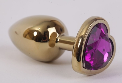 Золотистая анальная пробка с фиолетовым стразиком-сердечком - 7,5 см. - фото, цены