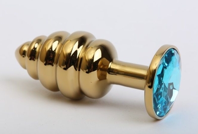 Золотистая ребристая анальная пробка с голубым стразом - 7,3 см. - фото, цены