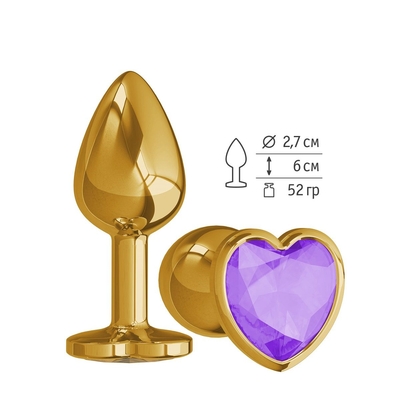 Золотистая анальная втулка с фиолетовым кристаллом-сердцем - 7 см. - фото, цены