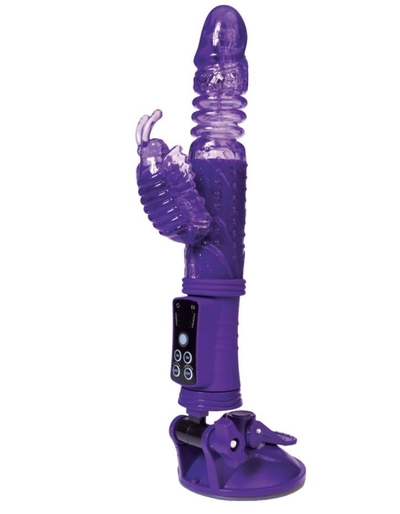 Фиолетовый вибратор с ротацией бусин, клиторальным стимулятором и надёжной присоской - фото, цены