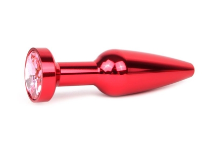 Удлиненная коническая гладкая красная анальная втулка с розовым кристаллом - 11,3 см. - фото, цены