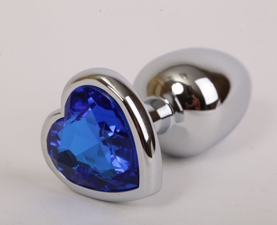 Серебристая анальная пробка с синим стразиком-сердечком - 7,6 см. - фото, цены