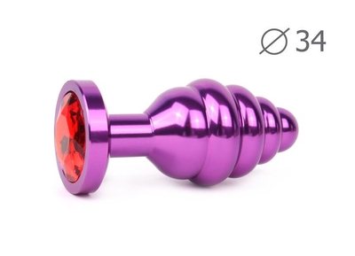 Коническая ребристая фиолетовая анальная втулка с красным кристаллом - 8 см. - фото, цены