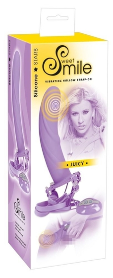 Полый фиолетовый страпон Juicy с вибрацией и выносным пультом - 21 см. - фото, цены