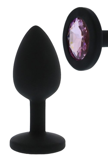 Черная гладкая анальная пробка с розовым кристаллом - 7 см. - фото, цены