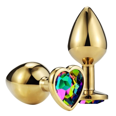 Золотистая гладкая анальная пробка с разноцветным кристаллом-сердечком - 6,8 см. - фото, цены