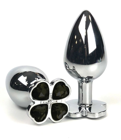 Серебристая анальная втулка с клевером из черных кристаллов - 6,5 см. - фото, цены