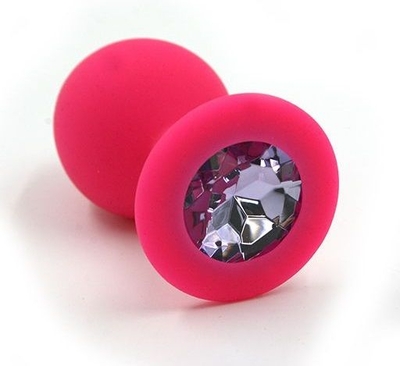 Розовая силиконовая анальная пробка с светло-фиолетовым кристаллом - 7 см. - фото, цены