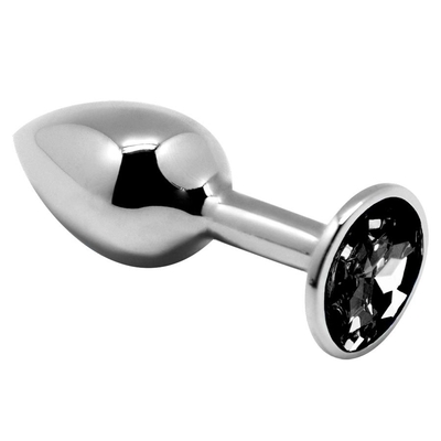 Серебристая анальная втулка с черным кристаллом Mini Metal Butt Plug Size M - 8 см. - фото, цены