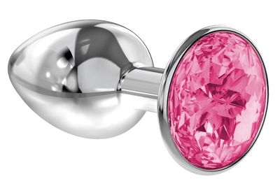 Малая серебристая анальная пробка Diamond Pink Sparkle Small с розовым кристаллом - 7 см. - фото, цены
