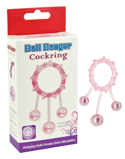 Розовое эрекционное кольцо Ball Banger Cock Ring с 3 утяжеляющими шариками - фото, цены