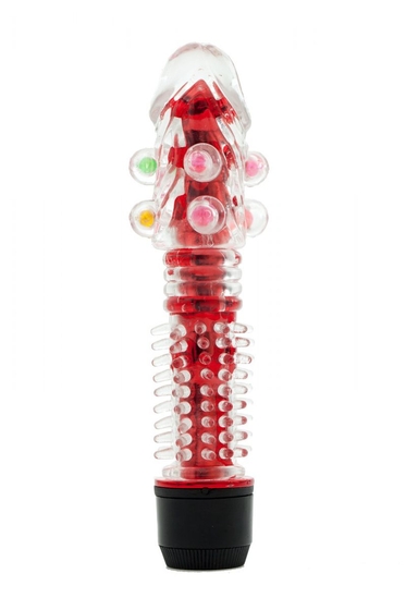 Прозрачно-красный вибратор с дополнительными пупырышками - 16,5 см. - фото, цены