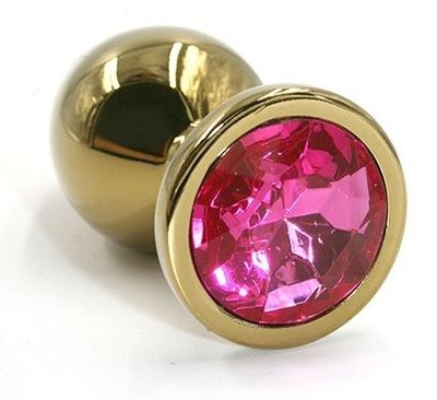 Золотистая алюминиевая анальная пробка с ярко-розовым кристаллом - 6 см. - фото, цены