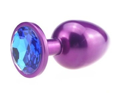 Фиолетовая анальная пробка с синим стразом - 7,6 см. - фото, цены