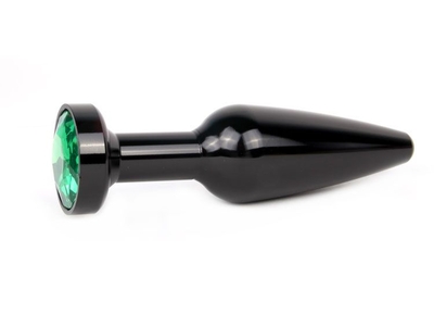 Удлиненная коническая гладкая черная анальная втулка с зеленым кристаллом - 11,3 см. - фото, цены