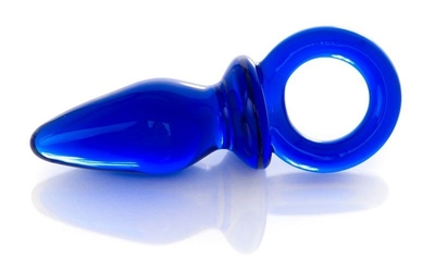 Синяя анальная пробка из стекла с ручкой-кольцом - 14 см. - фото, цены