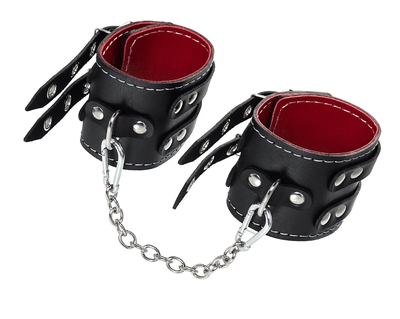 Черные кожаные оковы с двумя ремнями и красной подкладкой - фото, цены