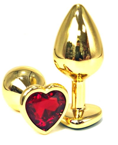 Золотистая анальная пробка с красным кристаллом-сердцем - 6,5 см. - фото, цены