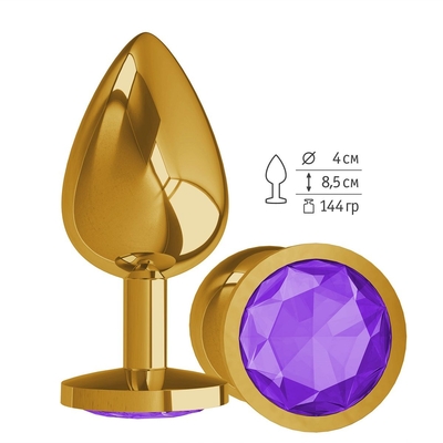 Золотистая большая анальная пробка с фиолетовым кристаллом - 9,5 см. - фото, цены