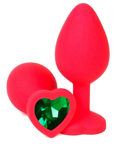 Красная силиконовая анальная пробка с зеленым стразом-сердцем - 8 см. - фото, цены