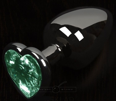 Графитовая анальная пробка с зеленым кристаллом в виде сердечка - 6 см. - фото, цены