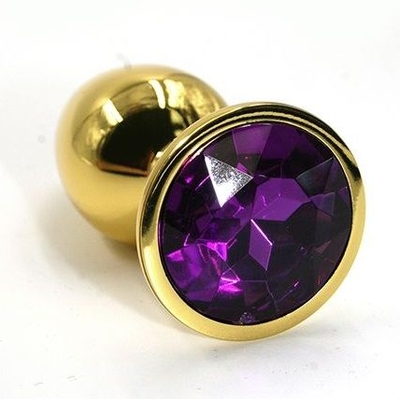 Золотистая алюминиевая анальная пробка с темно-фиолетовым кристаллом - 6 см. - фото, цены