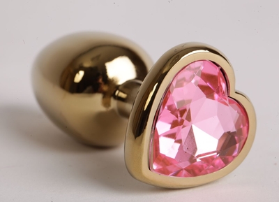 Золотистая анальная пробка с розовым стразиком-сердечком - 7,5 см. - фото, цены
