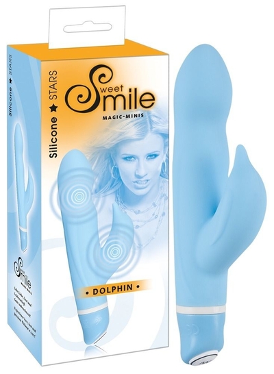 Голубой вибратор Smile Dolphin с клиторальным отростком - 16 см. - фото, цены