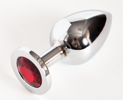 Серебряная металлическая анальная пробка среднего размера с красным стразиком - 8,2 см. - фото, цены