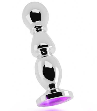 Серебристая фигурная анальная пробка с фиолетовым кристаллом - 14 см. - фото, цены