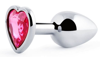 Серебристая анальная пробка с розовым кристаллом-сердечком - 7 см. - фото, цены