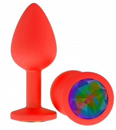 Красная анальная втулка с разноцветным кристаллом - 7,3 см. - фото, цены