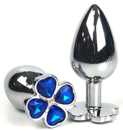 Серебристая анальная втулка с клевером из синих кристаллов - 9 см. - фото, цены