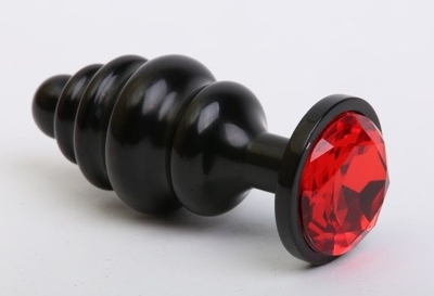 Чёрная ребристая анальная пробка с красным кристаллом - 7,3 см. - фото, цены