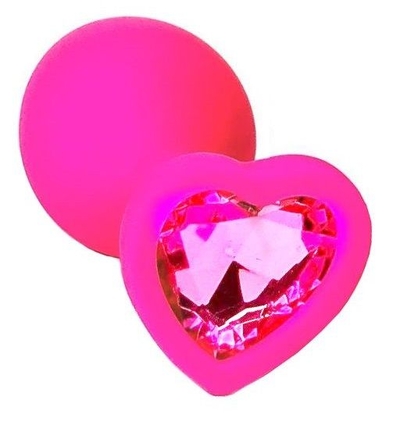 Розовая анальная пробка из силикона с розовым кристаллом в форме сердца - 8,8 см. - фото, цены