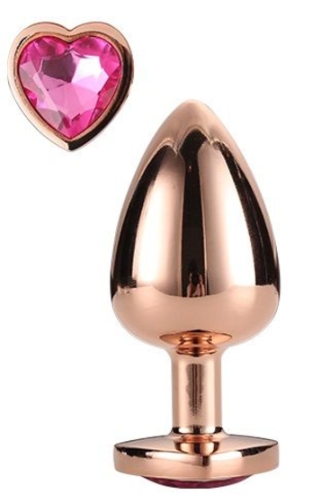 Золотистая анальная втулка с кристаллом-сердечком розового цвета - 7,1 см. - фото, цены