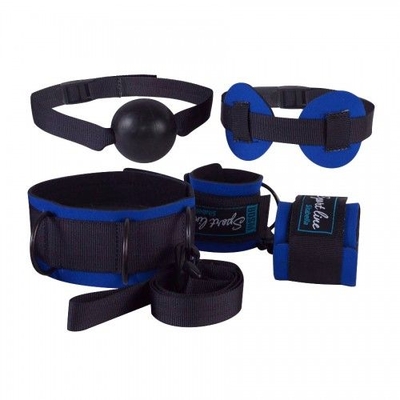 Сине-черный комплект для БДСМ-игр: наручники, кляп-шарик, маска, ошейник - фото, цены