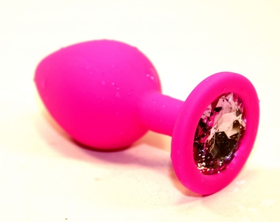 Розовая силиконовая анальная пробка с розовым стразом - 7 см. - фото, цены