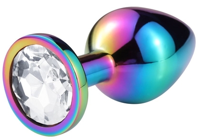 Разноцветная гладкая анальная пробка с прозрачным кристаллом - 7,5 см. - фото, цены
