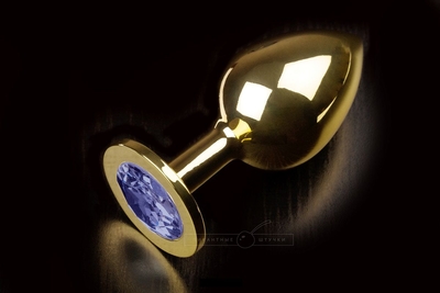 Большая золотая анальная пробка с закругленным кончиком и синим кристаллом - 9 см. - фото, цены