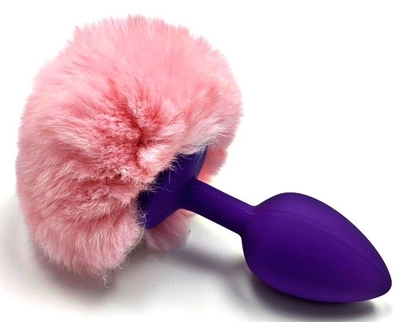 Фиолетовая силиконовая анальная пробка с розовым заячьим хвостиком - фото, цены
