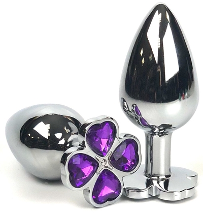Серебристая анальная пробка с клевером из фиолетовых кристаллов - 8 см. - фото, цены
