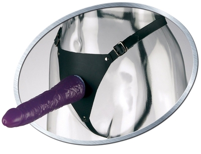 Фиолетовый женский страпон Leather Strap On Satisfy-Her - 19 см. - фото, цены