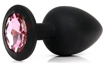 Черная силиконовая анальная пробка с розовым стразом - 9,5 см. - фото, цены