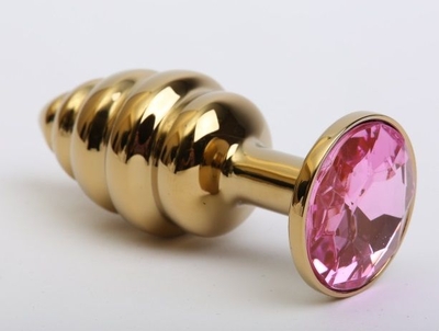 Золотистая ребристая анальная пробка с розовым стразом - 7,3 см. - фото, цены