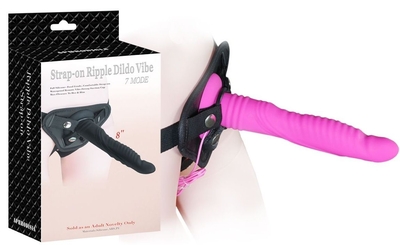 Розовый страпон 8 inch Strap-on Ripple Dildo Vibe - 21 см. - фото, цены