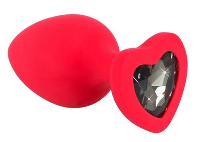 Красная силиконовая анальная пробка с черным стразом-сердечком - 9,3 см. - фото, цены