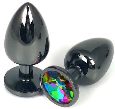 Черная металлическая анальная пробка с разноцветным стразом - 6,5 см. - фото, цены