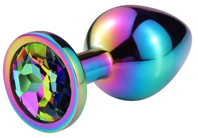 Разноцветная гладкая анальная пробка с радужным кристаллом - 9,5 см. - фото, цены