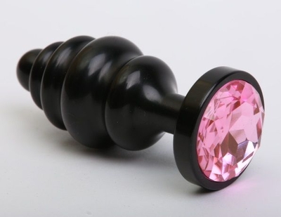 Черная фигурная анальная пробка с розовым кристаллом - 8,2 см. - фото, цены